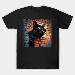 Black cat in sunglasses painted onto brick wall Sticker T-Shirt